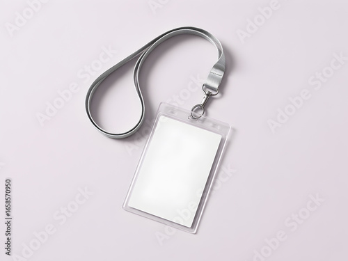 Blank ID badge with lanyard on pastel background, mockup for name tag, access card, event pass, corporate identity and branding design template.