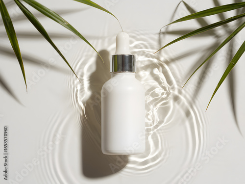Cosmetic serum dropper bottle mockup with tropical leaves and water ripple reflection, white skincare packaging design for beauty, wellness and organic cosmetic branding.