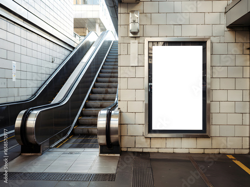 Empty billboard mockup at escalator entrance in modern urban subway station, blank advertising poster on tiled wall for commercial design and marketing display.