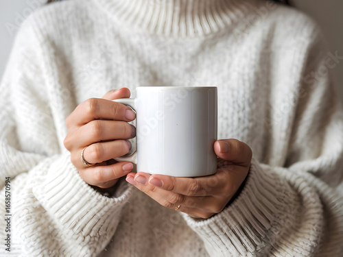 Woman holding white ceramic mug in cozy sweater, coffee or tea cup mockup, warm lifestyle, winter comfort and branding design template.