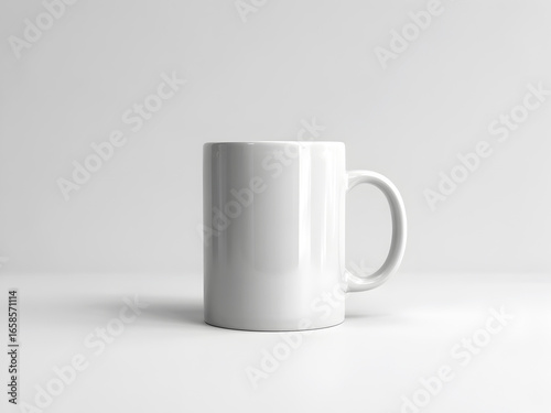 Minimal white ceramic mug mockup on plain background, blank coffee cup template for branding, product design, logo presentation and advertising.