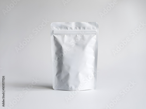 Blank white stand up pouch packaging mockup isolated on clean background, food bag design template for branding.