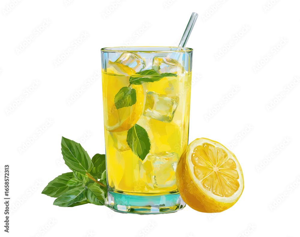 Fototapeta premium Refreshing lemonade in a glass with ice, lemon slices, and mint