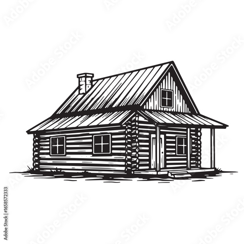 Hand drawn black and white illustration of a rustic log cabin with a chimney