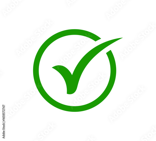 Green check mark symbol inside a circle representing approval, confirmation, correctness, validation, success, positive decision, agreement, and completed task concept