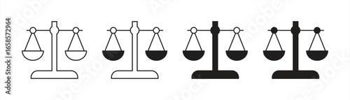Justice Scale Icon Set in Black and White, Collection of Balance Symbols Representing Law, Equality, Fairness, and Legal System in Flat and Outline Style