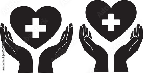 Two hands holding hearts with medical crosses silhouette
