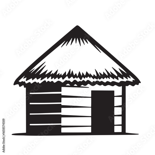 Simple black and white illustration of a thatched roof hut or small wooden cottage