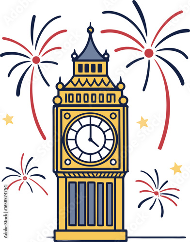 Vector art of big ben with fireworks isolated on white background