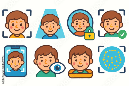 Biometric security flat icon set. face recognition, privacy, access icons collection