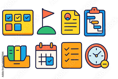 Project management flat icon set. task, schedule, checklist icons collection