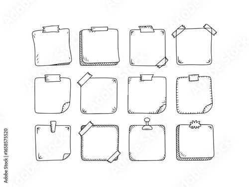 Hand drawn doodle sticky notes collection, Outline blank paper memo sketch set, simple outline reminder note box design illustration bundle.