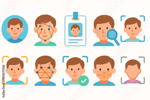 Facial recognition flat icon set. security, identification, biometrics icons collection