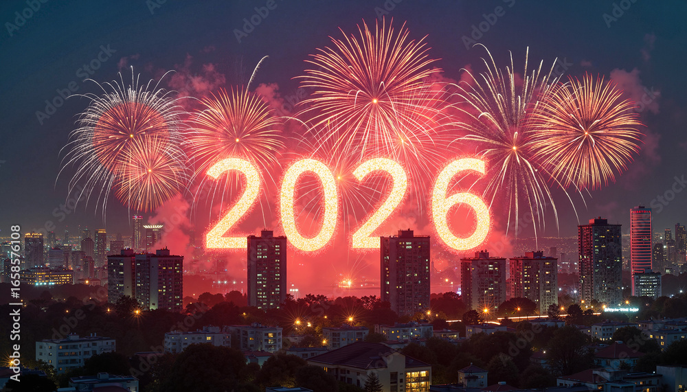 Obraz premium Fireworks display celebrating New Year 2026 over city skyline