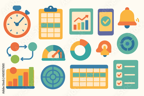 Business and productivity flat icon set. efficiency, planning graphic collection