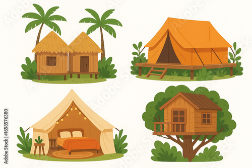 Vector Illustration Set of Tropical Glamping Huts Safari Tents Cozy Tents and Treehouse in Colorful Flat Style