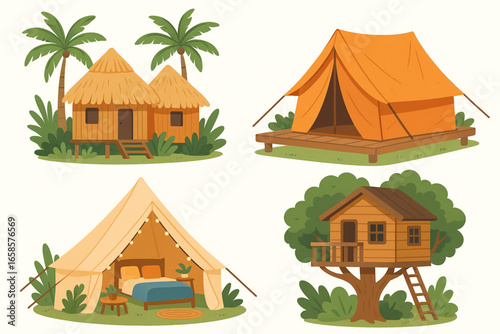 Vector Illustration Set of Tropical Glamping Huts Safari Tents Cozy Tents and Treehouse in Colorful Flat Style