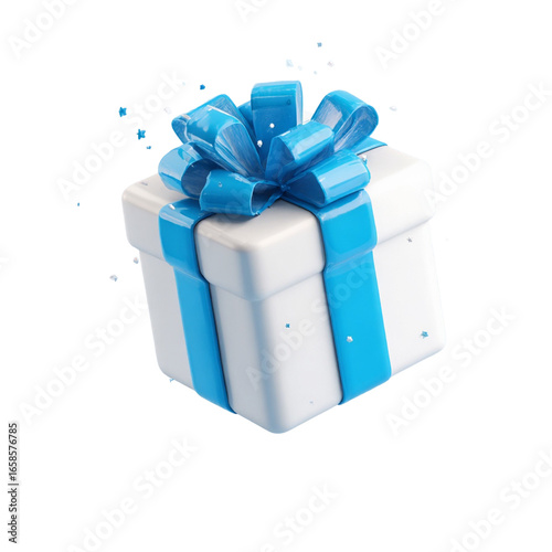 3d gift with blue ribbon and small stars in a circle. Transparent background, png