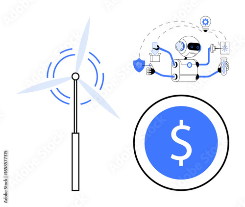 Wind turbine, robot using AI with multiple functions, and dollar coin signify clean energy, smart systems, and economic growth. Ideal for energy, AI, automation, fintech sustainability technology