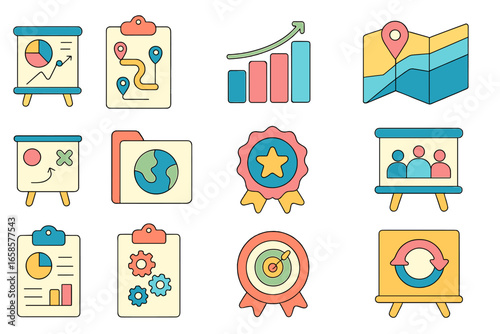 Business and marketing icon set. professional growth icons outline collection