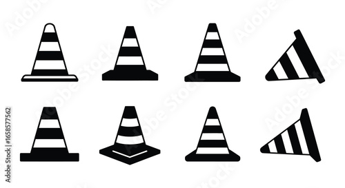 A set of traffic cones in various orientations and shapes on white background