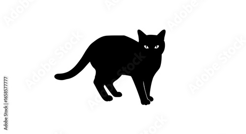 Silhouette of a black cat with glowing eyes on a white background