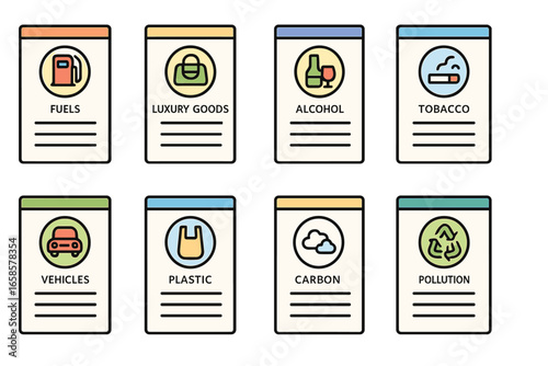Tax category outline icon set. fuels, luxury goods, and pollution symbols collection
