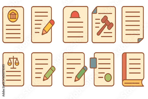 Law and legal filled icon set. justice, court, document icons collection