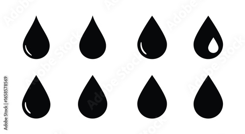 Eight black teardrop shapes with shiny highlights on a white background