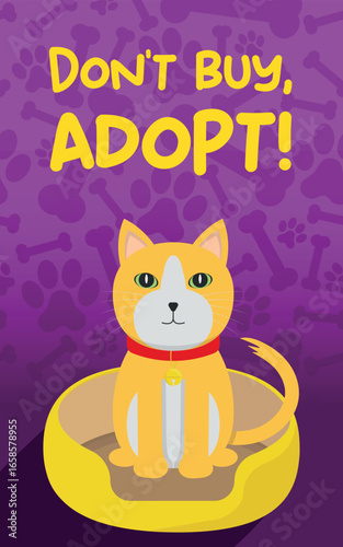 Pet Adoption Poster Illustration - Don't Buy, Adopt! Cute Orange Cat on Purple Background with Footprints and Bones.