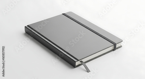 A gray notebook with elastic band on white surface