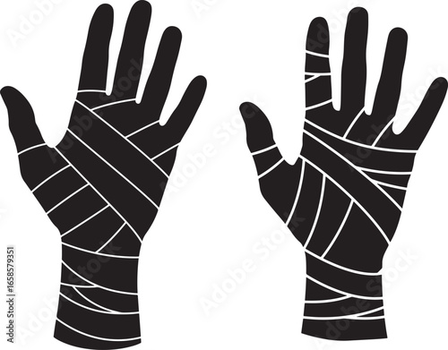 Two black silhouettes of hands wrapped in white bandages