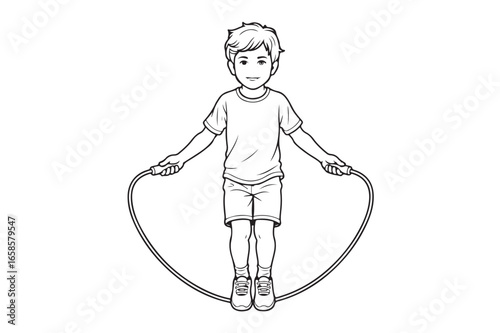 Boy jumping rope black and white outline