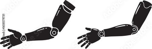 Two robotic arms with articulated hands in silhouette