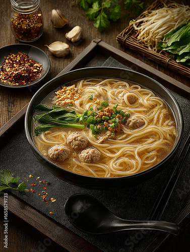 Delicious Asian Noodle Soup with Egg, Pork, and Fresh Herbs