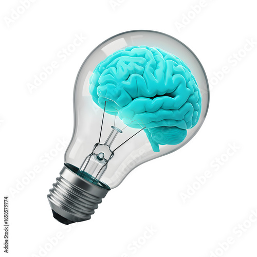 Creative glowing brain inside a light bulb, symbolizing innovation, intelligence, ideas, and futuristic thinking, isolated on white or transparent background. PNG
