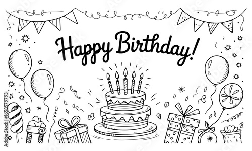 Birthday celebration party hand drawn items are showcased in a birthday sketch, complete with cake, kids, holiday doodle art drawing, and modern elements, along with a birthday card and gift