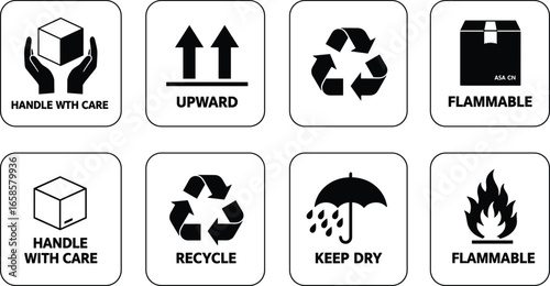 Collection of eight shipping and handling warning symbols on a white background icon