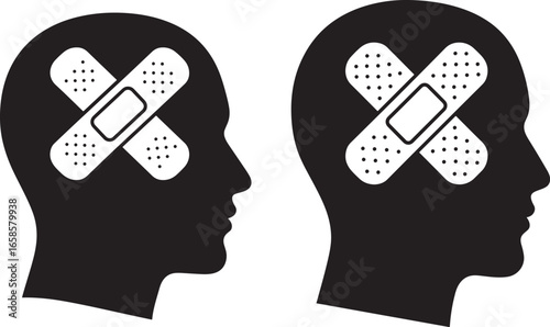 Two black head silhouettes with crossed bandages on their foreheads silhouette