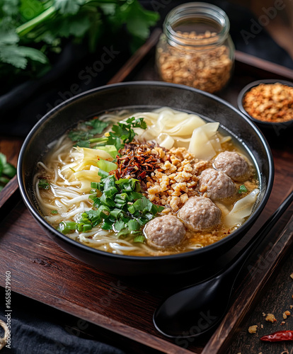 Delicious Asian Noodle Soup with Egg, Pork, and Fresh Herbs