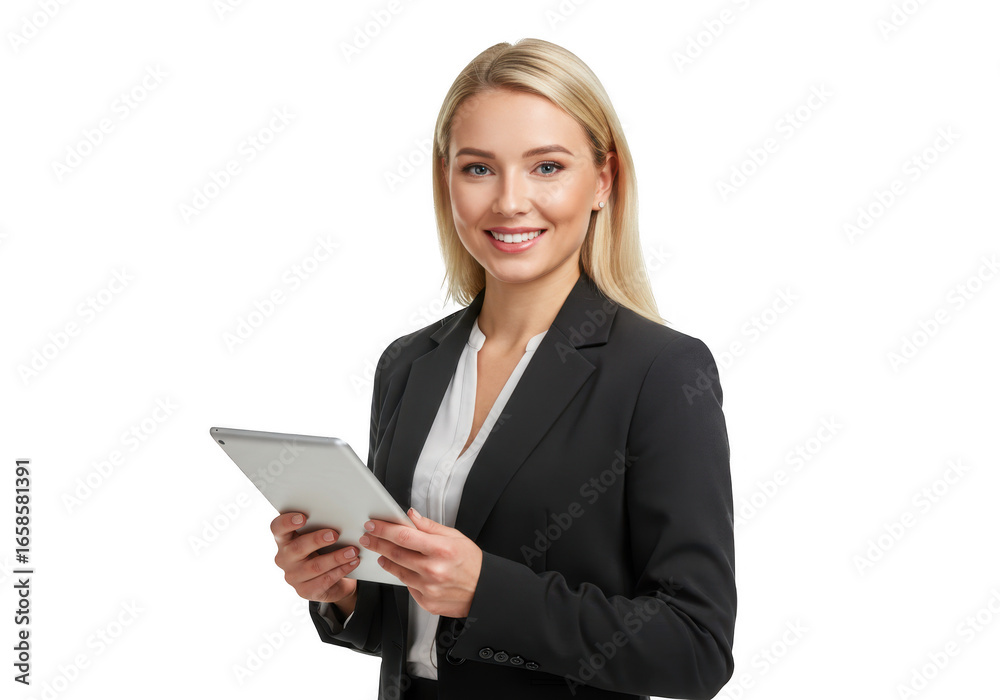 Smiling businesswoman holding a tablet computer isolated on transparent background Smiling businesswoman holding a tablet computer isolated on transparent background