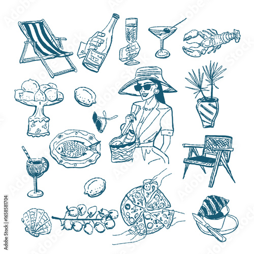 Dolce vita vector illustrations set. Hand drawn illustrations of italian style for invitations, menus design, cards, posters.