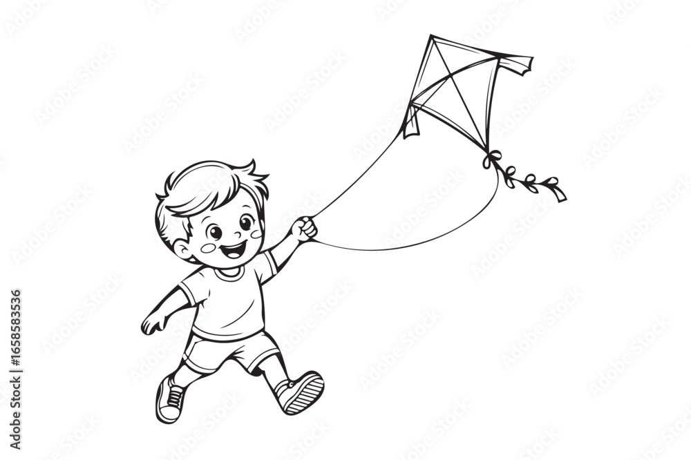 Fototapeta premium Happy boy running and flying a kite