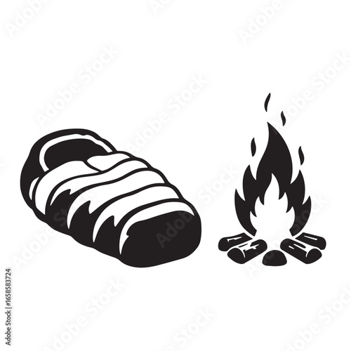 Black and white camping illustration featuring a sleeping bag and campfire graphic