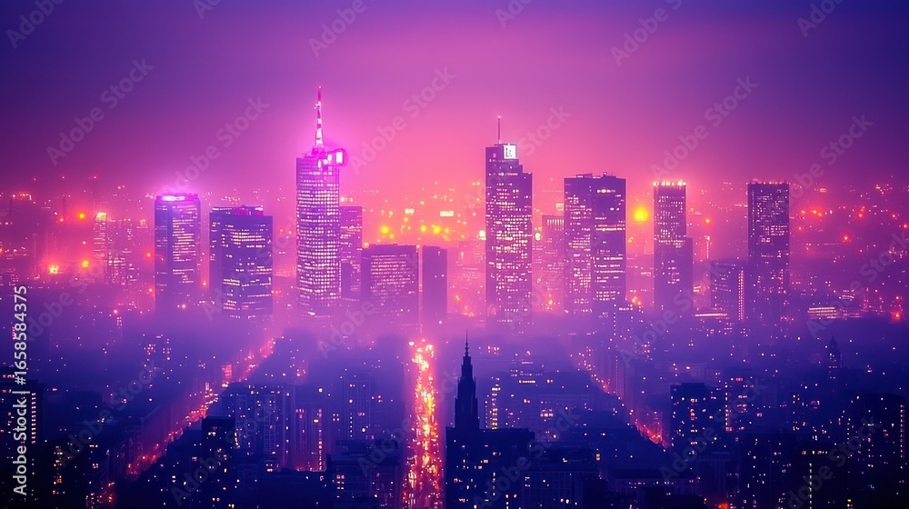 Obraz premium Warsaw Skyline at Dusk: A City in Purple Haze