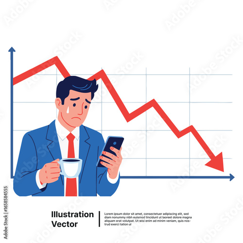 Depressed businessman reacting to a financial crisis and stock market crash with a declining chart.