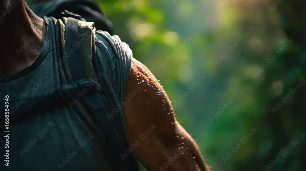Fototapeta premium Close up of a sweaty arm and shoulder with a backpack strap in a green outdoor setting