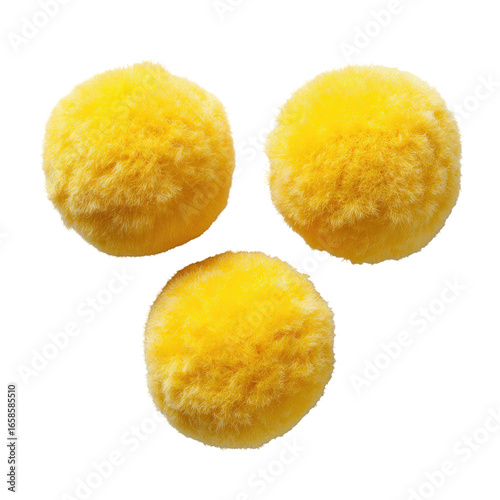 Three round, fluffy, yellow pom-poms arranged in a triangular pattern against a black background