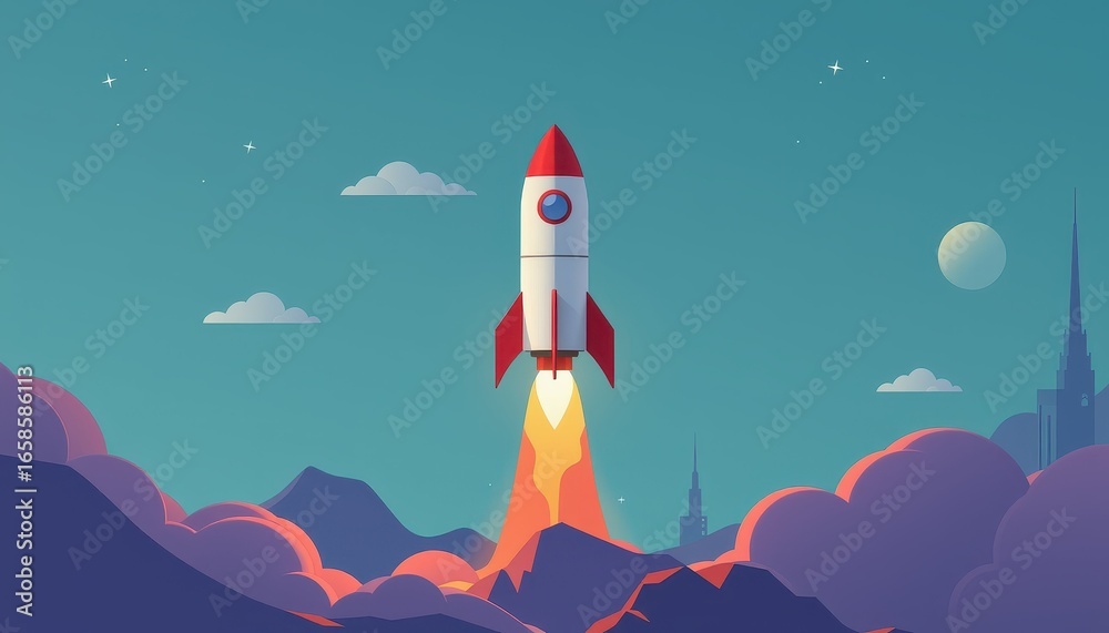 Naklejka premium Modern Minimalist Rocket Launch in Abstract Landscape Vibrant Environment Flat Design Concept