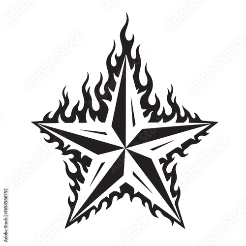 Black and white vector illustration of a flaming star on a white background